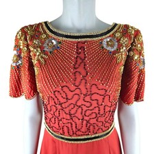 Virgos Lounge Maxi Dress Size 10 Burnt Orange Coral Sequin Beaded Embelished