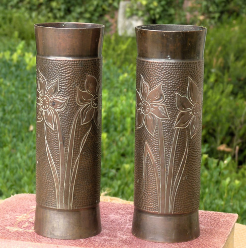 Pair copper art nouveau vases - art,