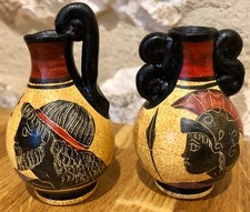 Miniature Urns Vases x 2 Clay Pottery Vintage Greek Hand Painted VGC Decorative