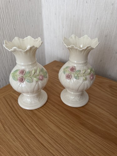 Belleek pair vases embossed - pair, of