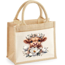Personalised XL Jute Tote Bag Cute Highland Cow with Flowers Add your name/text