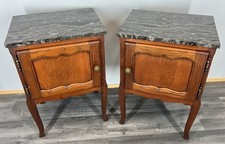Vintage French Oak Bedside Tables Pair Marble Top Cupboards Cabinets LOT 3942