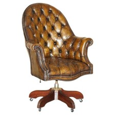 ANTIQUE FULLY RESTORED BROWN LEATHER CHESTERFIELD DIRECTORS CAPTAINS ARMCHAIR