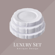 20 x Heavy Duty Hard Plastic Antique Style White Plastic Plates & Bowls Reusable
