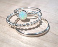 3 SILVER RING SET  1 OPAL RING AND 2 STACHING RINGS GENUINE BARGAIN SALE PRICE