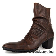 Mens Pleated Leather Pointy Toe Cuban Heel Chelsea Ankle Boots Dress Shoes Sz