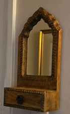 Vintage Carved Wood Arched Mirror With Drawer Under Hall Mirror Sconce