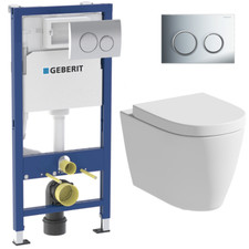 Rimless Wall Hung Toilet Pan Soft Close Seat & Geberit Concealed Cistern Frame
