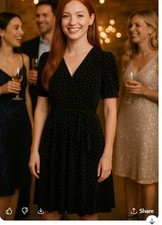 DKNY Black Velvet Burnout Polka Dot Surplice Puff Sleeve Dress Size 14 Party