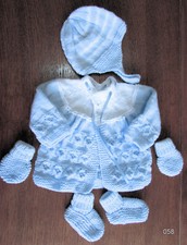 baby blue & white matinee set new 0 to 3 months hand knitted mits hat coat boots