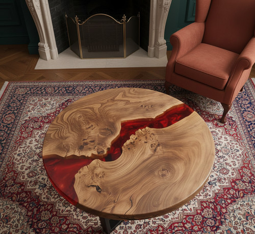 Red resin river table - red,