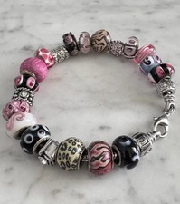 Viva Beads Silver Plated Pink & Black Glass Bead Snake Chain Charm Bracelet