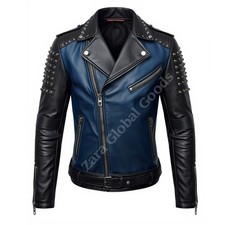 Men’s Punk Studded Sheepskin Biker Leather Jacket Black & Blue | Handmade Premiu