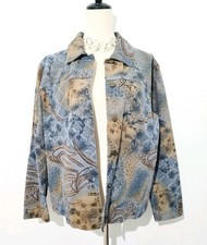 Marsh Landing Women's Denim Jacket L Blue Brown Paisley Floral Print 100% Cotton