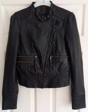 MANGO WOMENS BLACK GENUINE SOFT LEATHER BIKER MOTORCYCLE STYLE JACKET SIZE S VGC