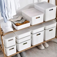 White Storage Box with Lid Plastic Storage Basket Cupboard Organiser Stackable