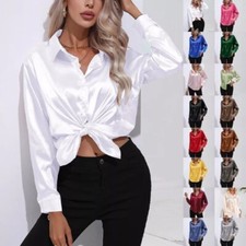 Womens Satin Silk Solid Shirt Ladies Casual Baggy Button-up OL Work Blouse Tops