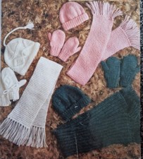 Knitting Pattern Easy Hat, Mittens/Scarf Aran/Brush chunky Size 6-7 Yrs (1009)