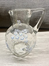 VINTAGE CLEAR ENAMEL BLUE PANSY FLORAL FLOWER VASE JUG
