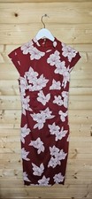 Karen Millen Oriental Dress Vintage Small Floral Red Bodycon Satin Wiggle 