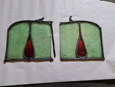 2 Old Antique Panels Of Stained Glass Colourful Spares Repairs Crafts Red /green