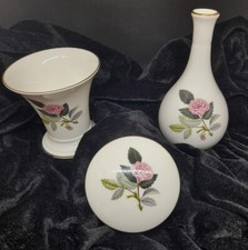 Wedgwood Bone China Hathaway Rose trinket box, bud vase and wide topped vase