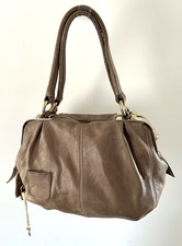 D&G DOLCE & GABBANA Light brown taupe leather gold panel Karen hand bag