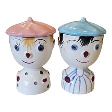 2 Honeymooners Egg Cup Holder Vtg Anthropomorphic Kitsch Hat Lid Boy Girl Double