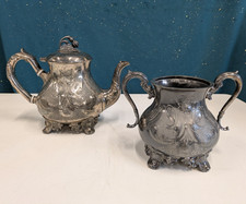 Antique Ornate Silver Plate Floral Footed Teapot And Matching Sugar Bowl