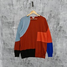 Jaeger Wool Rich Colour Block Jumper Camel Mix Womens XL Wool Cashmere Knitwear