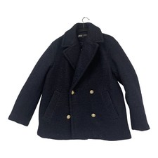 Zara Womens Bouclé Coat M Medium Navy Double Breasted Lapel Collar 3046/296 NWT