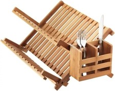 Bamboo Wooden Dish Drainer Cutlery Rack Foldable With Utensils Holder Organizer