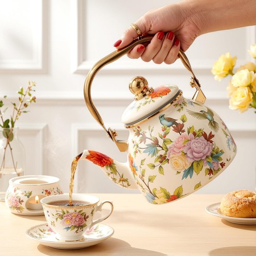 Vintage floral enamel tea - enamel,