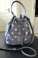 Cath Kidston Drawstring Bucket  Bag Leather & Canvas Blue White Spot