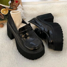 Platform PU Leather Loafers Gothic Black Chunky High Heels Pump JK Uniform Shoes