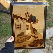 Vintage Italian Italy Marquetry Inlaid Wood Plaque Picture Wall Hanging