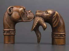 2 Bronze Dog Head Handle Crutch Dog Head Preying statues Walking Stick Cane Head