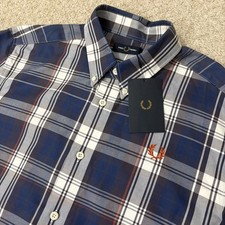 BNWT FRED PERRY Long Sleeve Twill Check Shirt Blue White Red Mens Size Large (L)