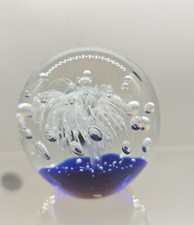 Large Glass Paperweight, Clear Controlled Bubbles, (Bullicante)  Blue, White.