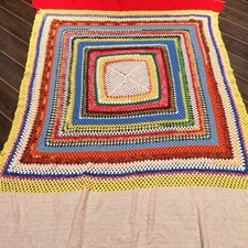 Large Double bright Granny Vintage Knitted Crochet Wool Blanket Throw Bedspread