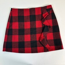 J.Crew Wool Blend Plaid Mini Skirt 12 Red Black Ruffle Holiday Winter Classic