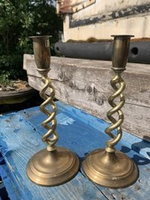 Pair of Antique Ecclesiastical Brass Open Barley Twist Candlesticks 10 In Tall
