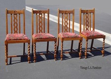 Set of Four Vintage Mission Style Oak Barley Twist Brown Dining Room Chairs