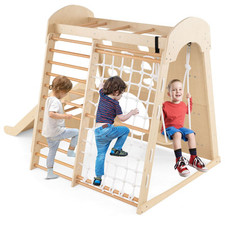 8-in-1 Indoor Jungle Gym Wooden Playground with Net & Ladder-Natural