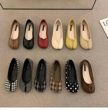 Women's Leather Bowtie Tabi Split Toe Mid Heel Fashion Ballet Court Shoes UK//*