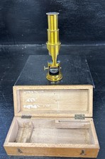 Vintage Brass Microscope In Original Wooden Case In Working Order