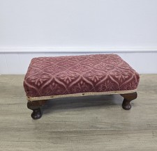Vintage Velvet Footstool Pouffe Dark Wooden Legs Retro Pattern Modern Cottage