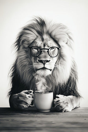 Lion drinking coffee kitchen - drinking, /