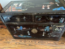 Antique Chinese Hand Painted Black lacquer Cabinet, 27 1/2 W X 13D X 19 H