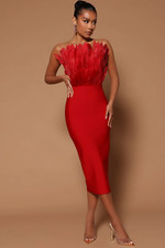 Red Dress Feather Bandage Bodycon Fits Size 12 14 L Elegant Maxi High Quality